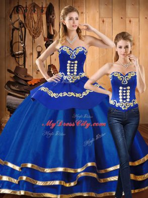 Low Price Blue Sweetheart Neckline Embroidery Quince Ball Gowns Long Sleeves Lace Up