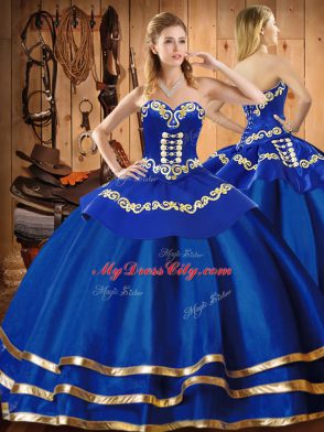 Low Price Blue Sweetheart Neckline Embroidery Quince Ball Gowns Long Sleeves Lace Up