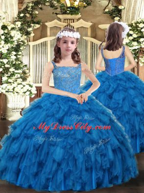 Comfortable Teal Ball Gowns Organza Straps Sleeveless Beading and Ruffles Floor Length Lace Up Quince Ball Gowns