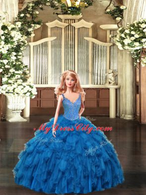 Comfortable Teal Ball Gowns Organza Straps Sleeveless Beading and Ruffles Floor Length Lace Up Quince Ball Gowns