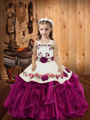 Straps Sleeveless Organza Little Girls Pageant Dress Embroidery and Ruffles Lace Up