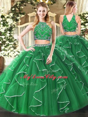 Green Zipper High-neck Beading and Ruffles Quinceanera Dress Tulle Sleeveless