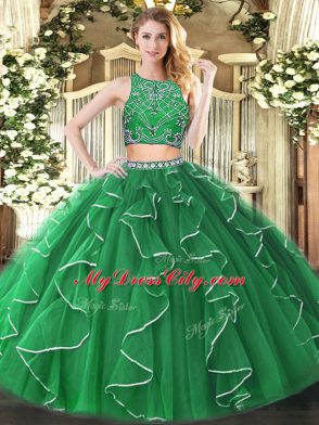 Green Zipper High-neck Beading and Ruffles Quinceanera Dress Tulle Sleeveless