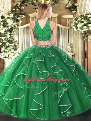 Green Zipper High-neck Beading and Ruffles Quinceanera Dress Tulle Sleeveless