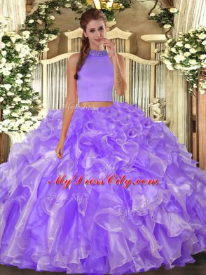 Sleeveless Organza Floor Length Backless Sweet 16 Quinceanera Dress in Lavender with Beading and Ruffles