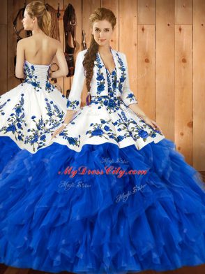 Stylish Blue Ball Gown Prom Dress Military Ball and Sweet 16 and Quinceanera with Ruffles Sweetheart Sleeveless Lace Up