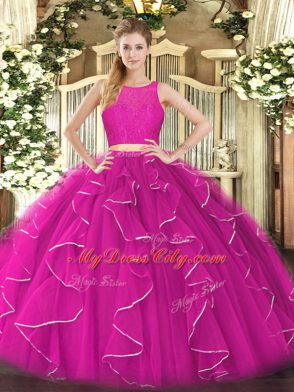 Scoop Sleeveless Quinceanera Dress Floor Length Lace and Ruffles Fuchsia Organza