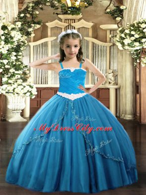 Blue Straps Neckline Appliques Little Girls Pageant Gowns Sleeveless Lace Up