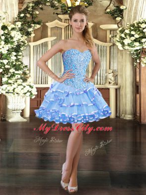 Pretty Light Blue Lace Up Prom Party Dress Beading and Ruffled Layers Sleeveless Mini Length