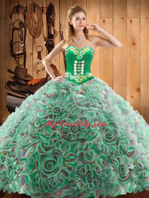 Deluxe Multi-color Satin and Fabric With Rolling Flowers Lace Up Ball Gown Prom Dress Sleeveless With Train Sweep Train Embroidery