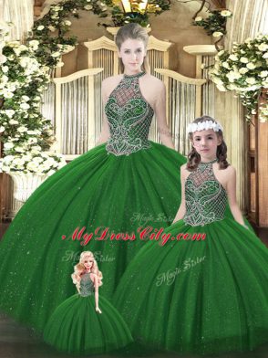 Custom Fit Dark Green Ball Gowns Tulle Halter Top Sleeveless Beading Floor Length Lace Up Quinceanera Gowns