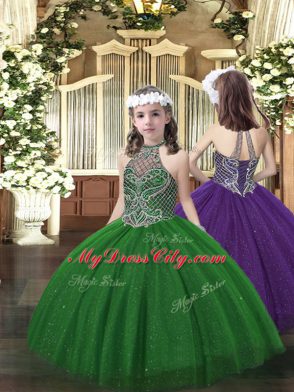 Custom Fit Dark Green Ball Gowns Tulle Halter Top Sleeveless Beading Floor Length Lace Up Quinceanera Gowns