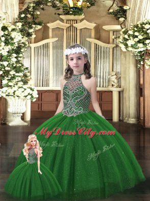 Custom Fit Dark Green Ball Gowns Tulle Halter Top Sleeveless Beading Floor Length Lace Up Quinceanera Gowns