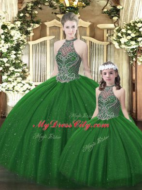 Custom Fit Dark Green Ball Gowns Tulle Halter Top Sleeveless Beading Floor Length Lace Up Quinceanera Gowns