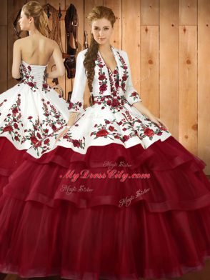 Sweetheart Sleeveless Quince Ball Gowns Sweep Train Embroidery Wine Red Organza