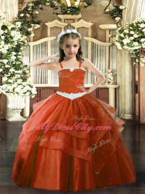 Straps Sleeveless Lace Up Little Girl Pageant Dress Rust Red Tulle