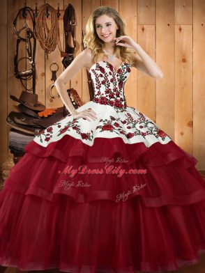 Wine Red Ball Gowns Embroidery 15th Birthday Dress Lace Up Organza Sleeveless