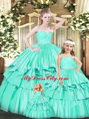 Glittering Turquoise Sleeveless Floor Length Ruffles Zipper Sweet 16 Dress