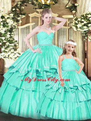 Glittering Turquoise Sleeveless Floor Length Ruffles Zipper Sweet 16 Dress