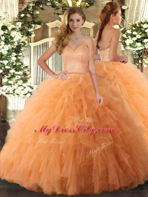 Luxury Orange Lace Up Sweetheart Ruffles Quince Ball Gowns Tulle Sleeveless