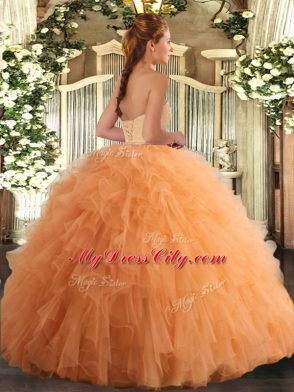 Luxury Orange Lace Up Sweetheart Ruffles Quince Ball Gowns Tulle Sleeveless