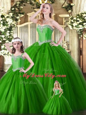 Eye-catching Floor Length Lace Up Vestidos de Quinceanera Green for Military Ball and Sweet 16 and Quinceanera with Beading