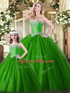 Eye-catching Floor Length Lace Up Vestidos de Quinceanera Green for Military Ball and Sweet 16 and Quinceanera with Beading