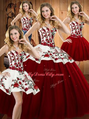 Great Floor Length Wine Red Sweet 16 Dress Satin and Tulle Sleeveless Embroidery