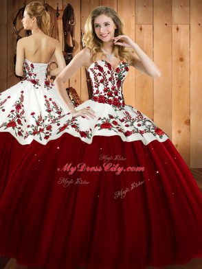 Great Floor Length Wine Red Sweet 16 Dress Satin and Tulle Sleeveless Embroidery