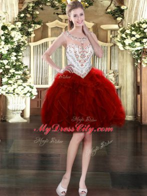 Top Selling Floor Length Wine Red Ball Gown Prom Dress Tulle Sleeveless Beading and Ruffles