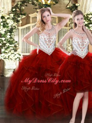 Top Selling Floor Length Wine Red Ball Gown Prom Dress Tulle Sleeveless Beading and Ruffles