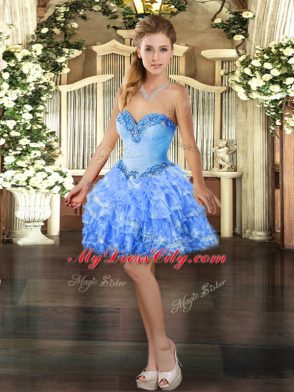 Baby Blue Ball Gowns Sweetheart Sleeveless Organza Mini Length Lace Up Beading and Ruffled Layers Evening Dress