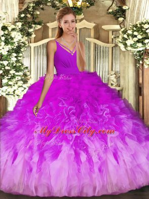 Amazing Multi-color Backless V-neck Beading and Ruffles Sweet 16 Dresses Tulle Sleeveless