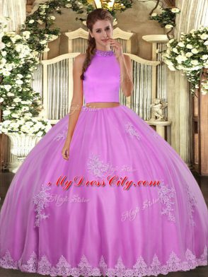 Flare Lilac Tulle Backless Quinceanera Gowns Sleeveless Floor Length Beading and Appliques