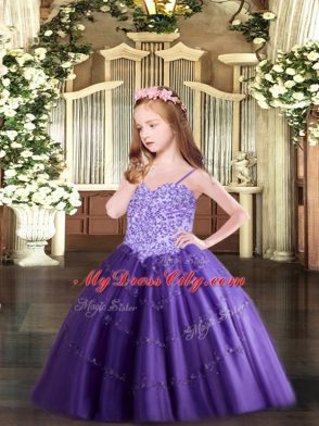 Sweet Tulle Sleeveless Floor Length Little Girls Pageant Gowns and Appliques