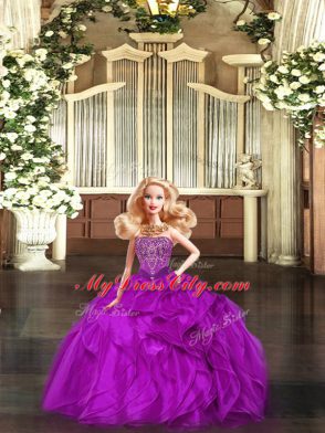 Designer Sleeveless Floor Length Beading and Ruffles Lace Up 15 Quinceanera Dress with Fuchsia