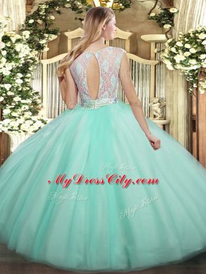 Modern Baby Pink Ball Gowns Tulle Scoop Sleeveless Lace Floor Length Backless Ball Gown Prom Dress