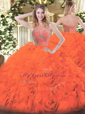 Modest Floor Length Zipper 15th Birthday Dress Orange Red for Military Ball and Sweet 16 and Quinceanera with Beading and Ruffles