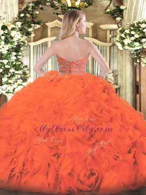 Modest Floor Length Zipper 15th Birthday Dress Orange Red for Military Ball and Sweet 16 and Quinceanera with Beading and Ruffles