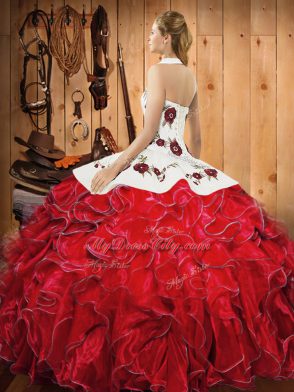 Ball Gowns Sweet 16 Dresses Orange Red Halter Top Satin and Organza Sleeveless Floor Length Lace Up