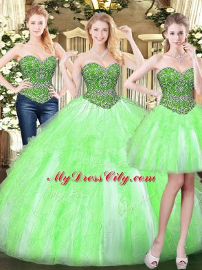 Wonderful Ball Gowns Beading and Ruffles Quinceanera Dresses Lace Up Tulle Sleeveless Floor Length