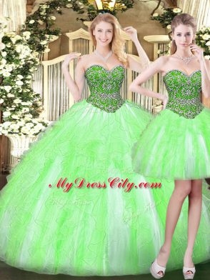 Wonderful Ball Gowns Beading and Ruffles Quinceanera Dresses Lace Up Tulle Sleeveless Floor Length