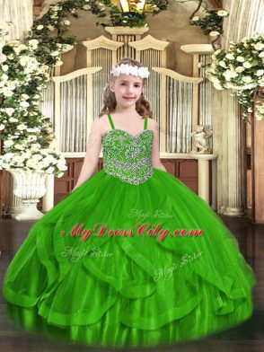 Beauteous Floor Length Green Kids Formal Wear Tulle Sleeveless Beading and Ruffles