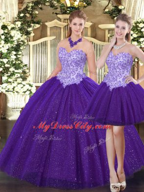 Elegant Purple Ball Gowns Sweetheart Sleeveless Tulle Floor Length Lace Up Beading Quinceanera Gown