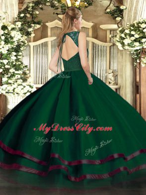 Dark Green Ball Gowns Organza V-neck Sleeveless Beading and Lace and Ruffled Layers Floor Length Backless Quinceanera Dresses