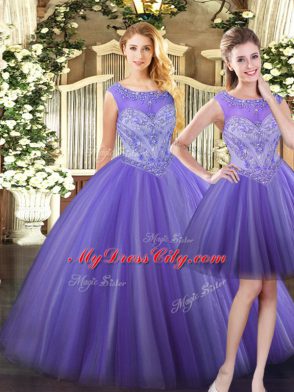 Fine Lavender Quince Ball Gowns Military Ball and Sweet 16 and Quinceanera with Beading Scoop Sleeveless Zipper