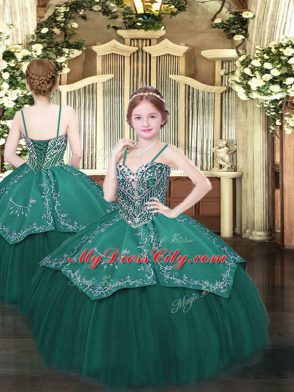 Dark Green Ball Gowns Satin and Organza Spaghetti Straps Sleeveless Beading and Embroidery Floor Length Lace Up Little Girls Pageant Dress Wholesale