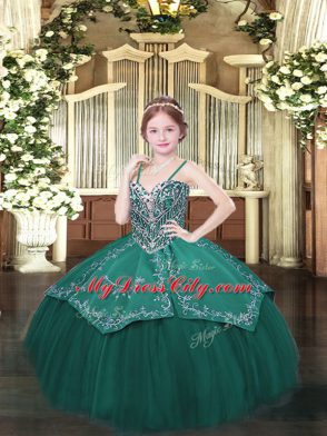 Dark Green Ball Gowns Satin and Organza Spaghetti Straps Sleeveless Beading and Embroidery Floor Length Lace Up Little Girls Pageant Dress Wholesale