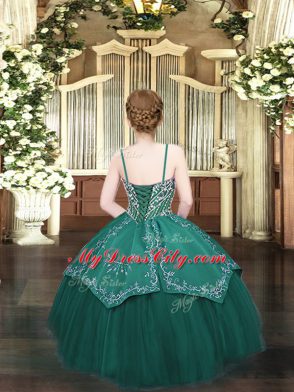 Dark Green Ball Gowns Satin and Organza Spaghetti Straps Sleeveless Beading and Embroidery Floor Length Lace Up Little Girls Pageant Dress Wholesale