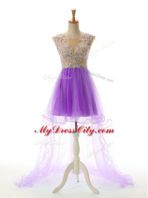 Delicate High Low Eggplant Purple Prom Evening Gown Tulle Sleeveless Appliques